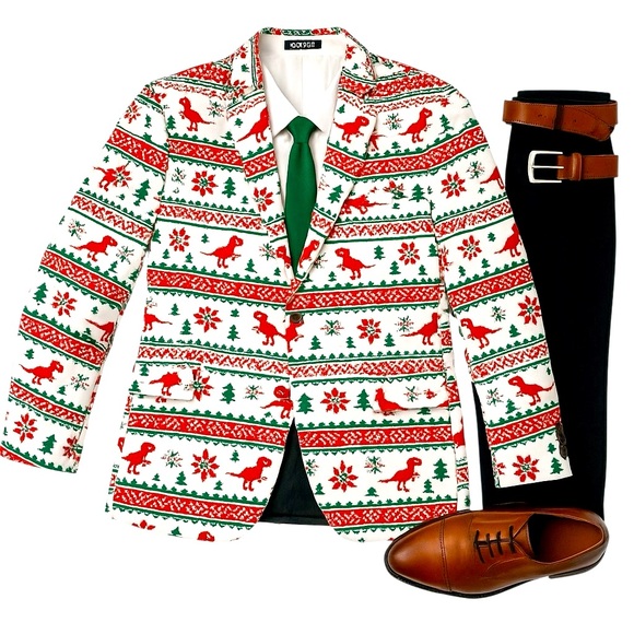 OppoSuits Other - OppoSuits Christmas Dino Blazer US 46 Red Green Holiday Novelty Party Jacket EUC